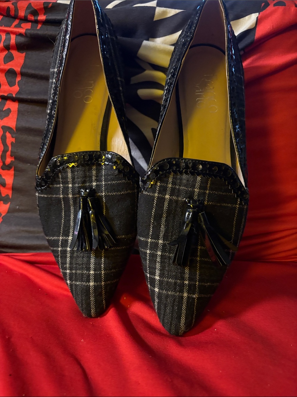 Franco sarto black, and white plaid flats